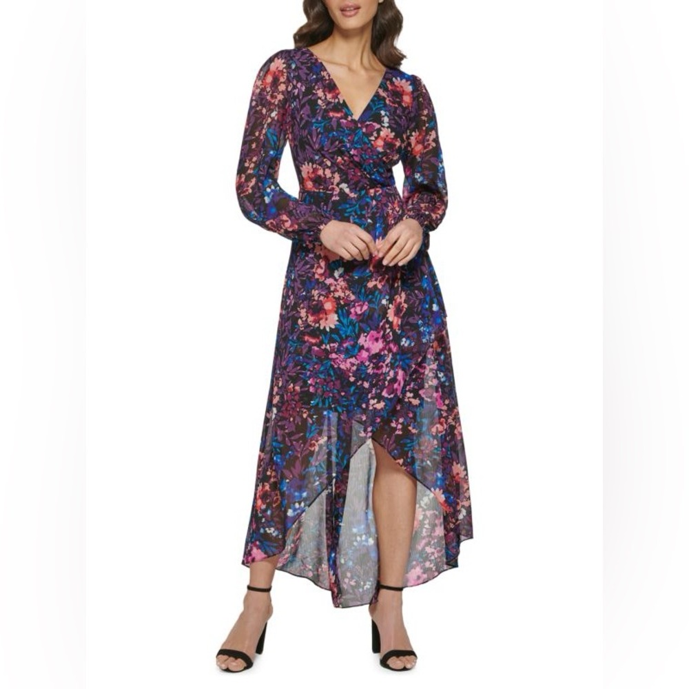 GUESS Women's Contemporary Chiffon Floral Printed High-Low Wrap Style Dress